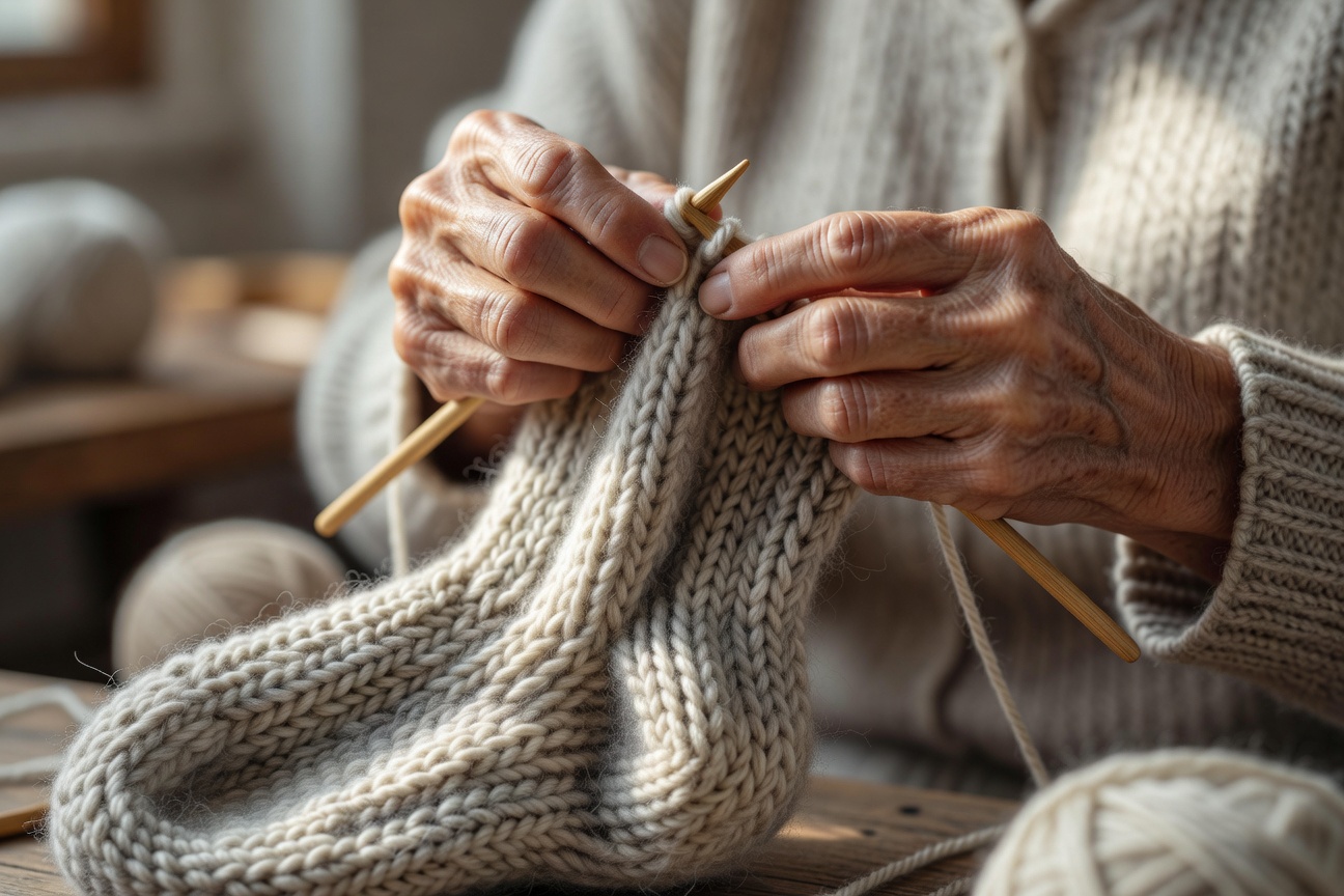 Close up of elderly hands carefully knitting a warm sock with thick yarn