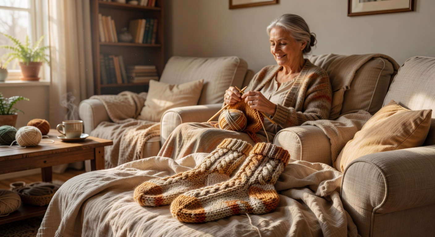 A pair of warm knitted socks resting on a cozy linen blanket bathed in soft morning sunlight