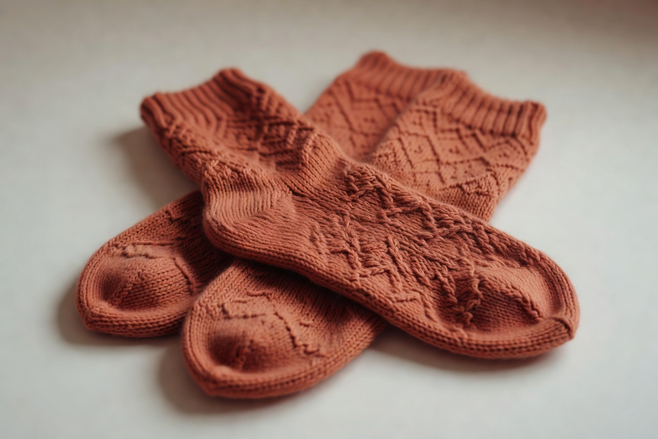 Terracotta colored cozy socks with traditional heritage patterns