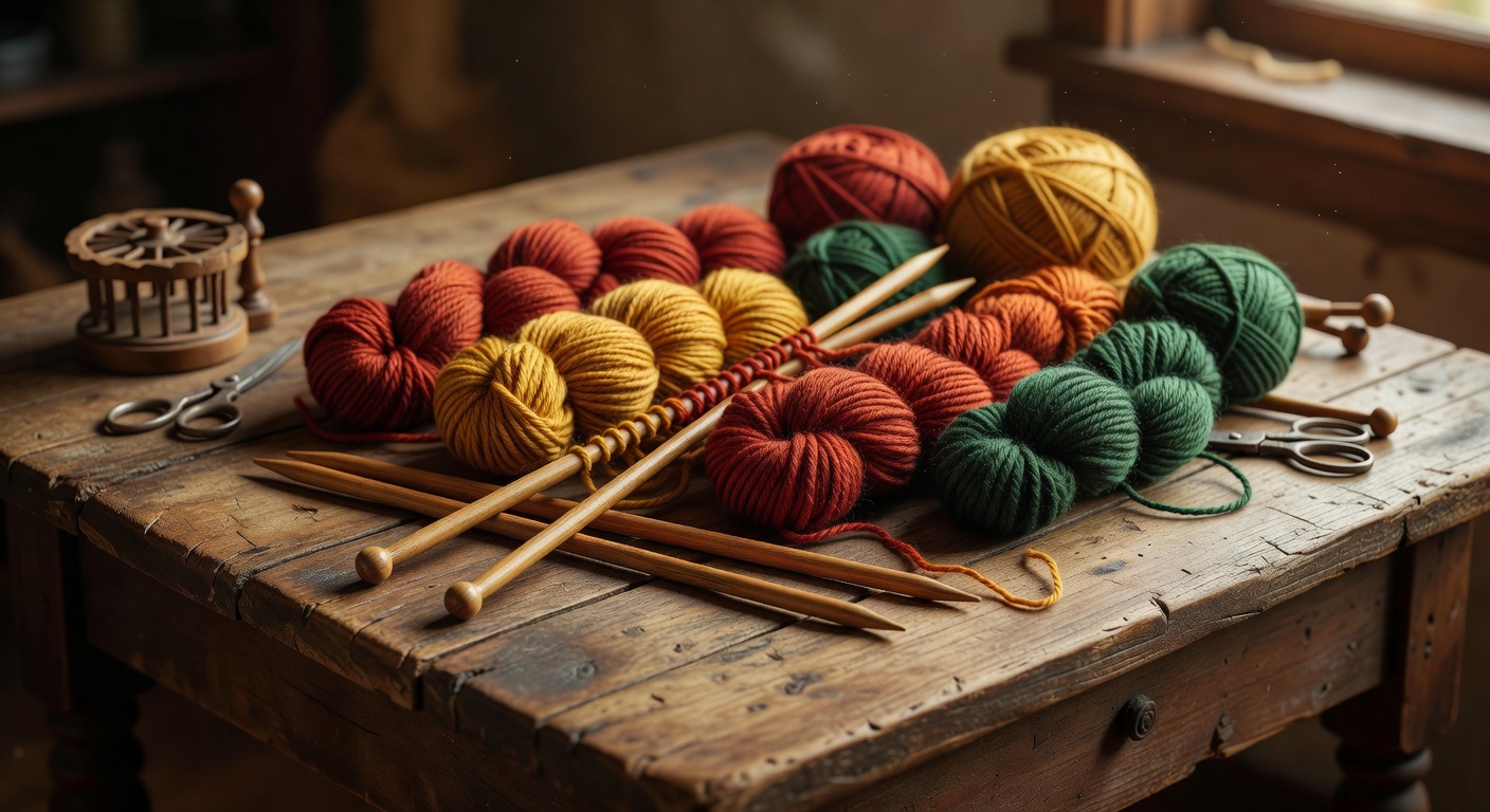 Vintage wooden knitting needles and colorful yarn resting on a rustic wooden table